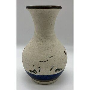 Vintage Tonala Mexico Vase Art Pottery Swans Cattails Water Sandstone 5" Cobalt‎